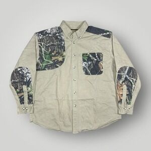 Remington Shirt Mens XL Beige Camo Patches Shooting Hunting Button Down Sleeve